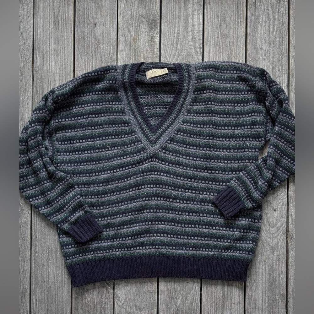 Vintage 90s Sears Men’s Store Striped V-Neck Sweater XXL Green Gray